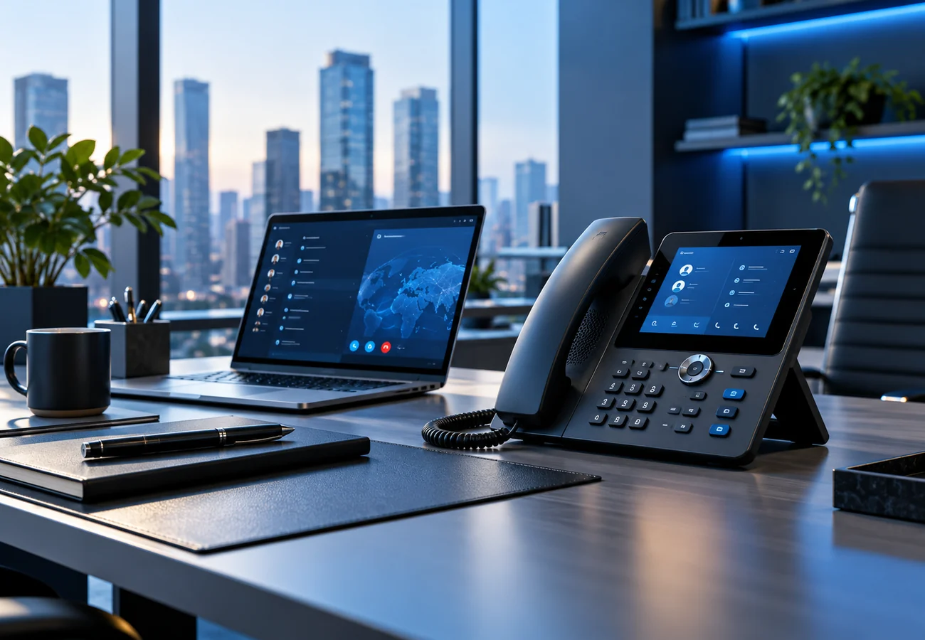Moderne Business-Telefonie mit IP-Telefon und professionellem Arbeitsplatz