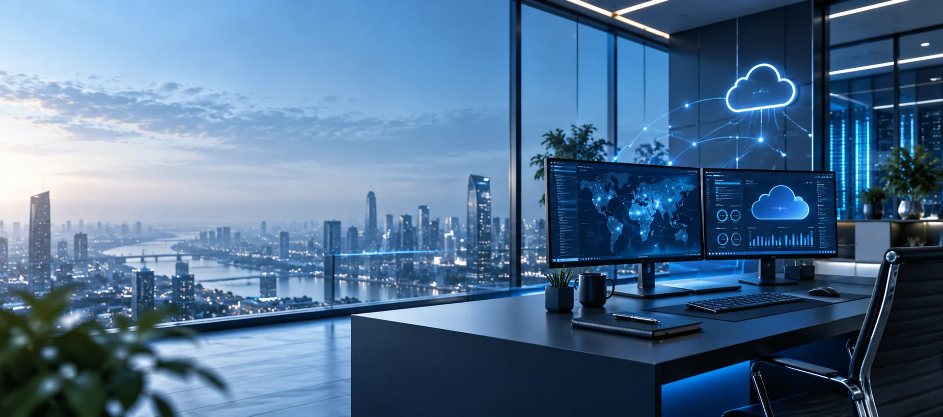 Moderne Cloud- und Netzwerkumgebung mit Skyline und Premium-Look