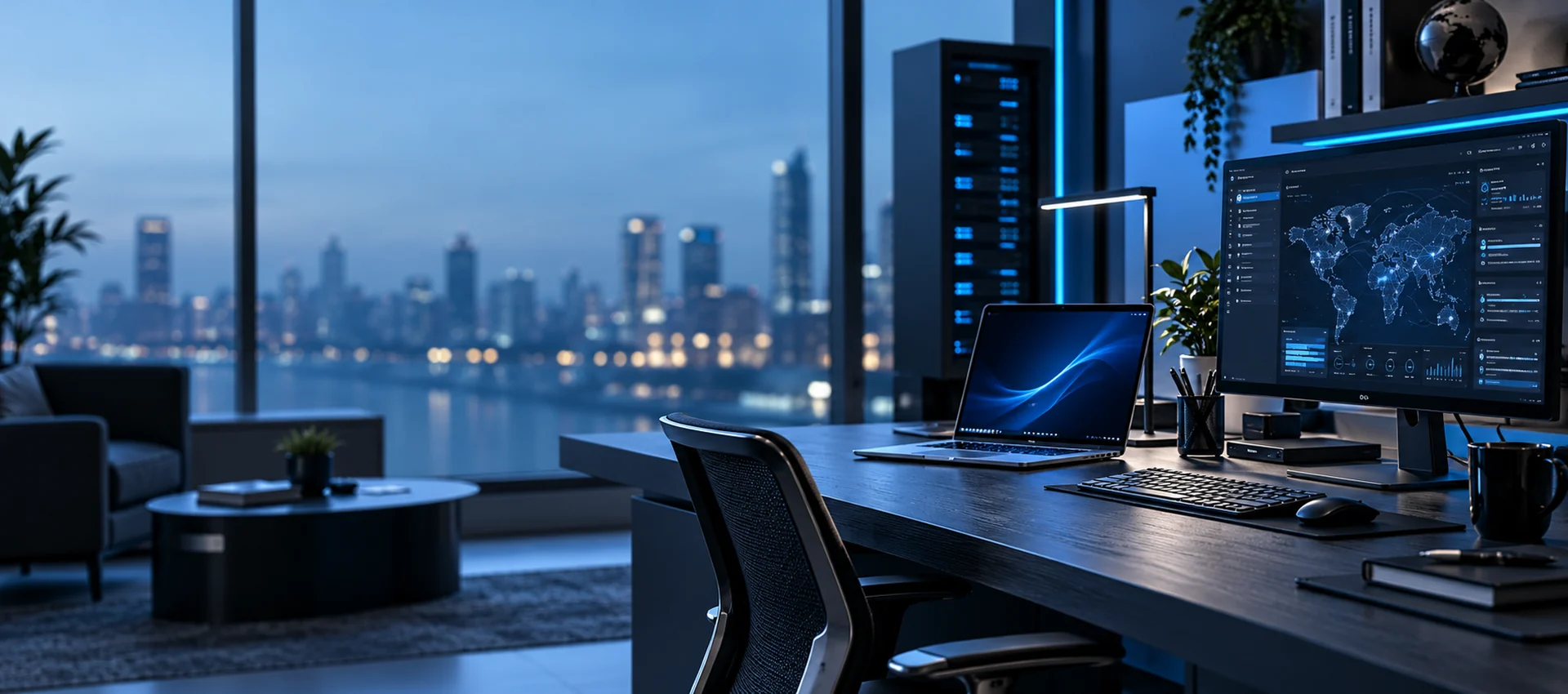 Moderner IT-Arbeitsplatz mit Monitoren und hochwertigem Office-Ambiente